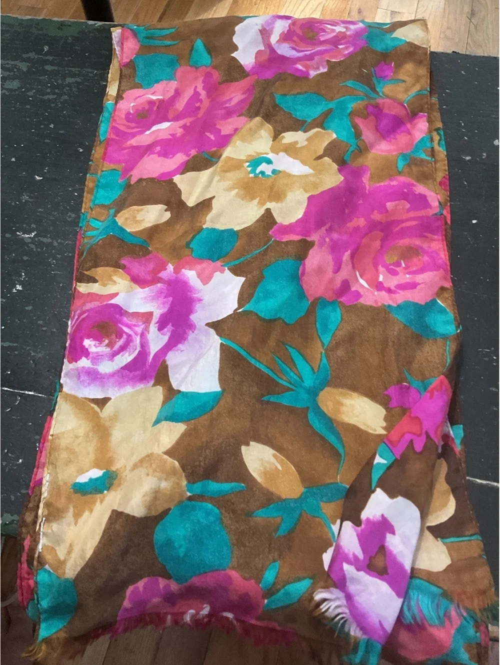 Vintage Floral Shawl /Wrap / Scarf with Pink, Brown and Turquoise Flowers